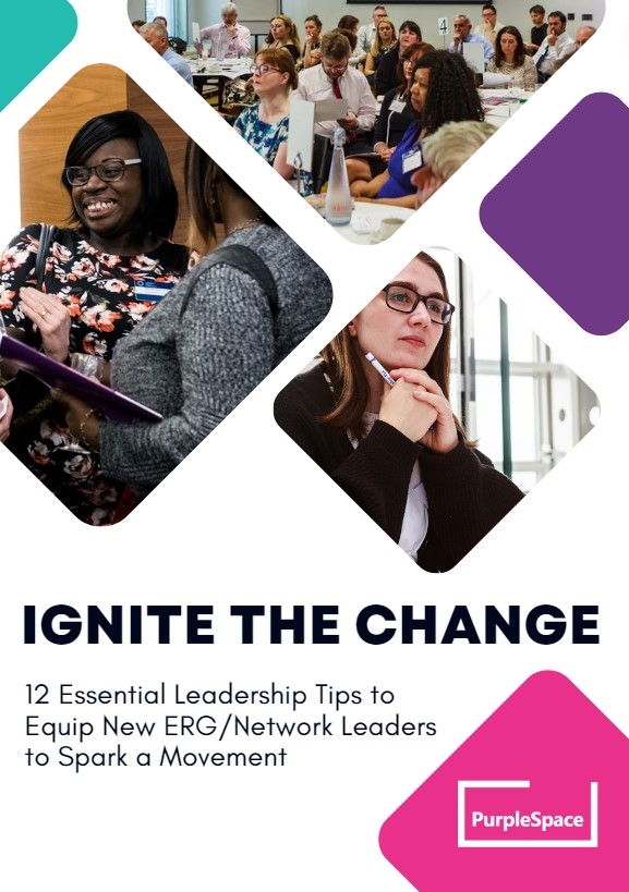 Designed cover with decorative diamond shapes featuring 3 images of attendees at in person PurpleSpace events. Text reads 'Ignite the Change: 12 essential leadership tips to equip ERG/Network leaders to spark a movement'